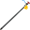 A long gray metal pole with a black connector and nozzle, featuring a bright yellow mounting bracket, a blue curved hose, and a red T-handle valve, isolated on a white background.