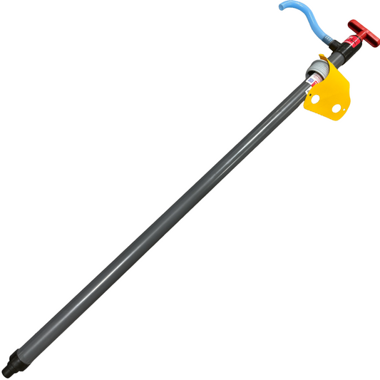 A long gray metal pole with a black connector and nozzle, featuring a bright yellow mounting bracket, a blue curved hose, and a red T-handle valve, isolated on a white background.