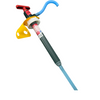 A manual concrete pump with a dark gray piston tube, a red T-handle, a yellow mounting bracket, a blue curved hose, and a blue nozzle, isolated on a white background.