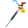 A manual garden hose pump with a dark gray body, blue hose, red T-handle, yellow mounting bracket, and white collar, isolated on a white background.