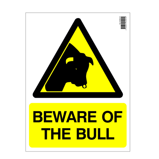 Warning sign with a bull illustration and 'Beware of the Bull' text on a yellow background