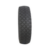 Black tire with tread pattern on a white background