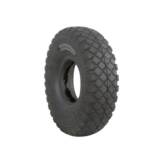 Black tire with tread pattern on a white background