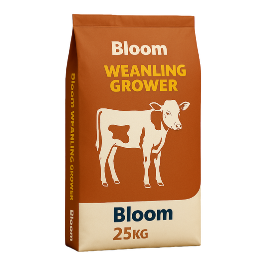 Bag of Bloom Weanling Grower animal feed with a cow illustration on a white background
