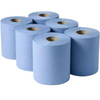Six rolls of light blue paper towels arranged in a cluster on a plain white background.