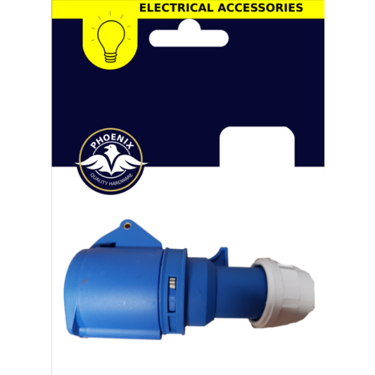 Blue electrical outlet connector with a white plastic end cap, shown below its retail card packaging featuring a Phoenix logo and 'ELECTRICAL ACCESSORIES' header.