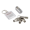 Set of keys with a keychain and lock on a white background