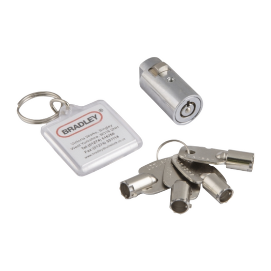 Set of keys with a keychain and lock on a white background