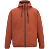 A hooded zip-up jacket in a warm rust orange color, featuring black drawstrings, a black front zipper, and a vertical zippered chest pocket, shown against a plain white background.