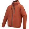 A hooded windbreaker jacket in a warm rust-orange color, featuring a full front zipper, a vertical zippered chest pocket, and a small black brand patch on the left sleeve, shown against a plain white background.