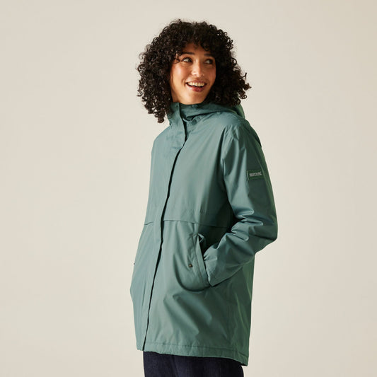Person wearing a teal raincoat on a plain background