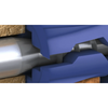 Close-up technical rendering of a blue mechanical component or tool jaw interacting with a silver metal shaft, shown against a white background with a small brown textured area on the left.