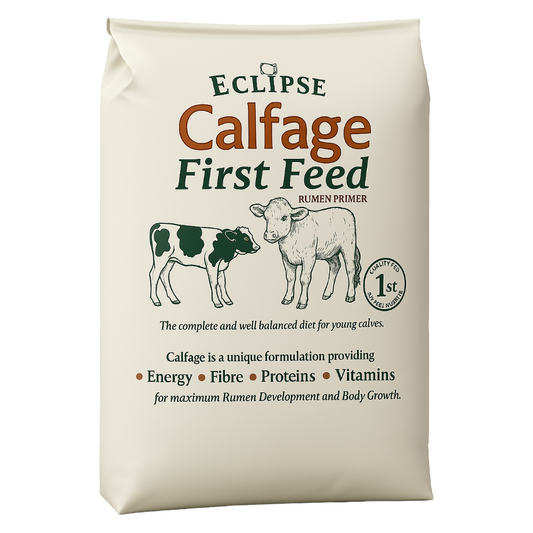 Bag of Eclipse Calfage First Feed with illustrations of a cow and a lamb on a white background