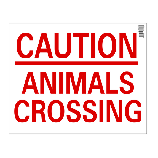 Caution sign with 'Animals Crossing' text on a white background