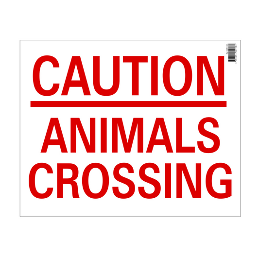 Red 'Caution: Animals Crossing' sign on a white background
