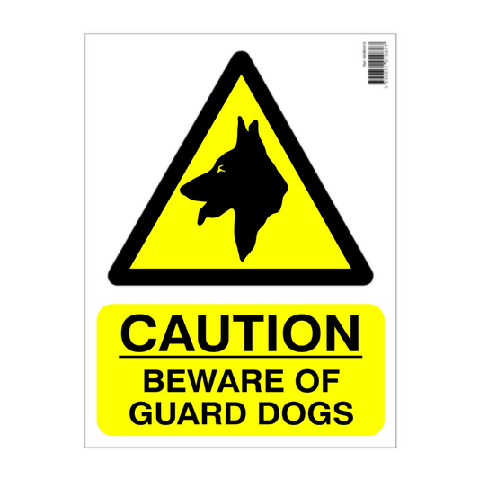 Warning sign with a dog icon and 'Caution: Beware of Guard Dogs' text on a white background.