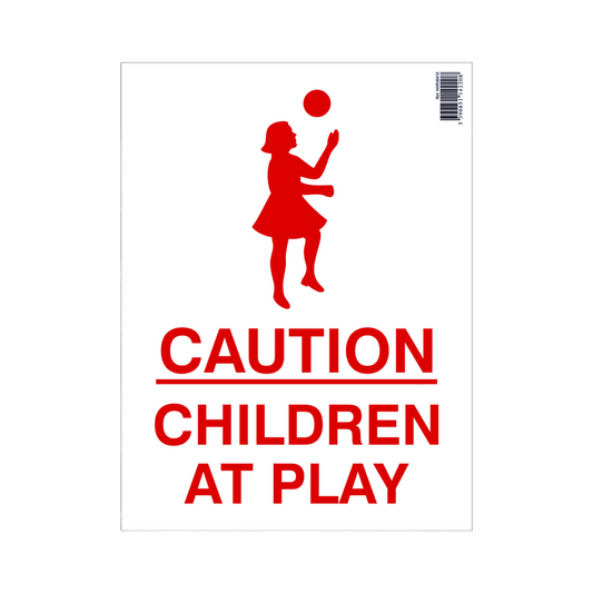 Red silhouette of a child playing with a ball and 'Caution Children at Play' text on a white background