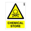 Warning sign with skull and crossbones symbol and 'Chemical Store' text on a yellow background