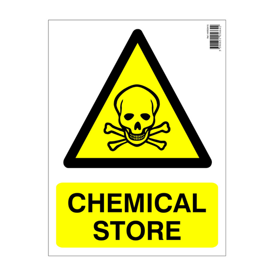 Warning sign with skull and crossbones symbol and 'Chemical Store' text on a yellow background
