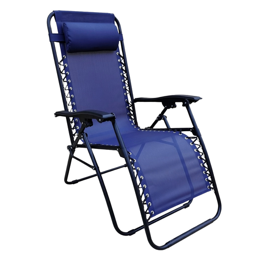 Blue lounge chair with black frame on a white background