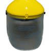 Industrial safety face shield with a bright yellow polycarbonate top cover and a clear polycarbonate front shield, shown against a plain white background.