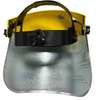 A medical face shield with a transparent plastic front panel, a black adjustable headband, and a bright yellow inner head cover, shown against a white background.