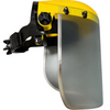 A yellow and black industrial face shield with a clear protective visor, adjustable mounting bracket, and black adjustment knobs, shown on a solid white background.