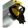 A close-up of a protective face shield with a yellow lens, black mounting frame, and dark blue strap, shown against a white background.