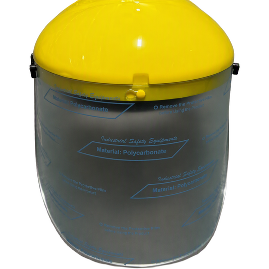 Industrial safety face shield with a bright yellow polycarbonate top cover and a clear polycarbonate front shield, shown against a plain white background.