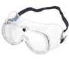 Clear plastic safety goggles with a black adjustable strap featuring blue stitching, shown on a plain white background.