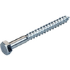 A single galvanized metal hex-head screw with a threaded shank, shown diagonally on a plain white background.