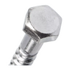 A close-up of a silver metal hex head screw with a threaded shank, isolated on a white background.
