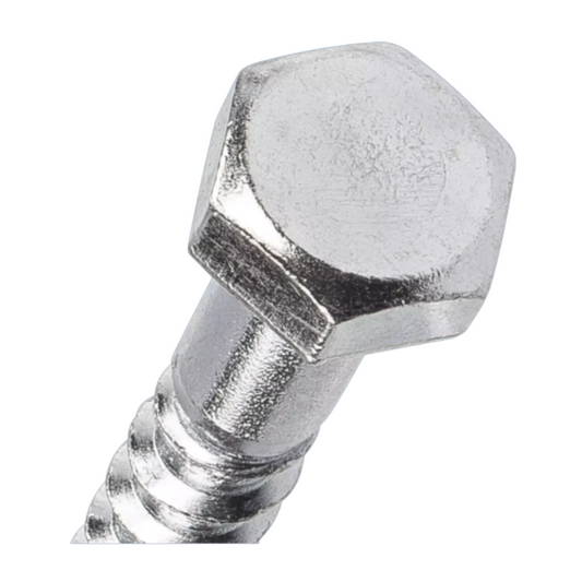 A close-up of a silver metal hex head screw with a threaded shank, isolated on a white background.