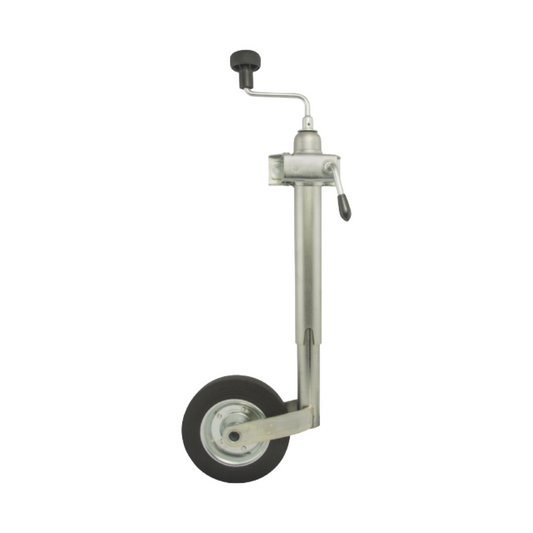 Metal jack with wheel on a white background