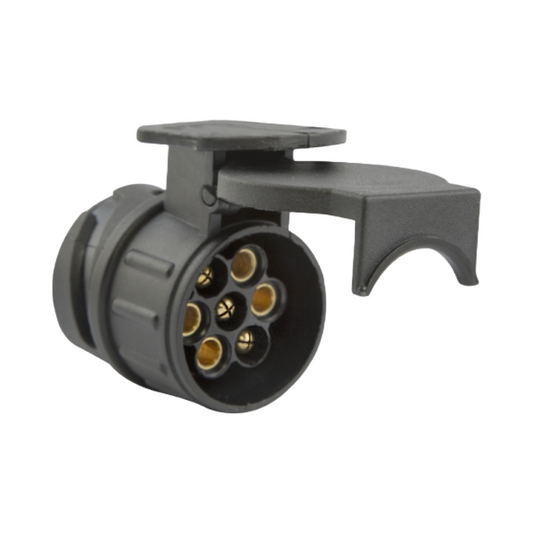Black electrical connector with gold contacts on a white background