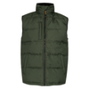 An olive green puffer vest with a high stand-up collar, front zipper, and a vertical zippered chest pocket, shown against a plain white background.