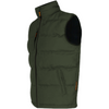 An olive green puffer vest with a black inner lining visible at the arm opening and small orange zipper pulls, shown against a plain white background.