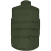 An olive green puffer vest shown from the back, featuring horizontal quilted stitching and a high collar, set against a plain white background.