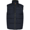 A dark navy blue sleeveless puffer vest with a high collar, front zipper, and a vertical zippered chest pocket, shown against a plain white background.