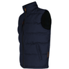 A navy blue sleeveless puffer vest with a high collar, black fleece shoulder panels, and small orange zipper pulls, shown against a plain white background.