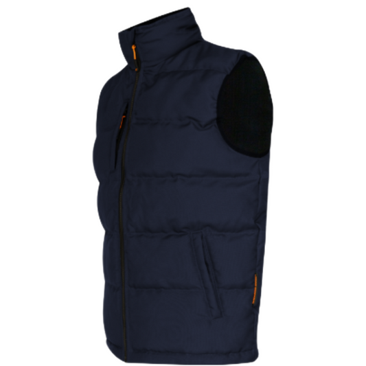 A navy blue sleeveless puffer vest with a high collar, black fleece shoulder panels, and small orange zipper pulls, shown against a plain white background.