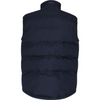 A dark navy blue puffer vest shown from the back, featuring horizontal quilted stitching and a high collar, set against a plain white background.