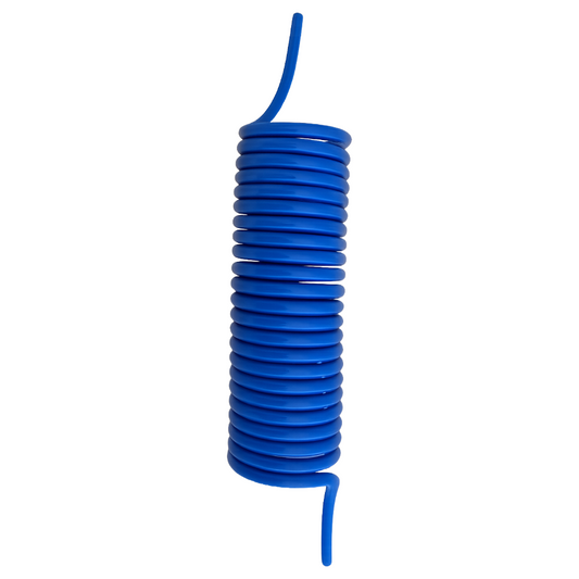 Coiled blue spring on a white background