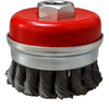 A close-up of a wire wheel brush head, featuring a bright red cover with a hex nut, a silver metal collar, and dark gray steel wire bristles, isolated on a white background.