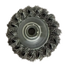 A circular metal wire wheel brush attachment with a central hub, shown against a plain white background.