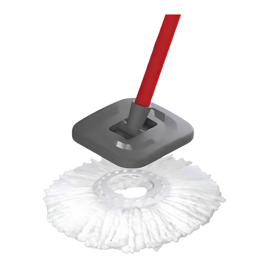 Cleaning tool with red handle and white circular pad on a white background