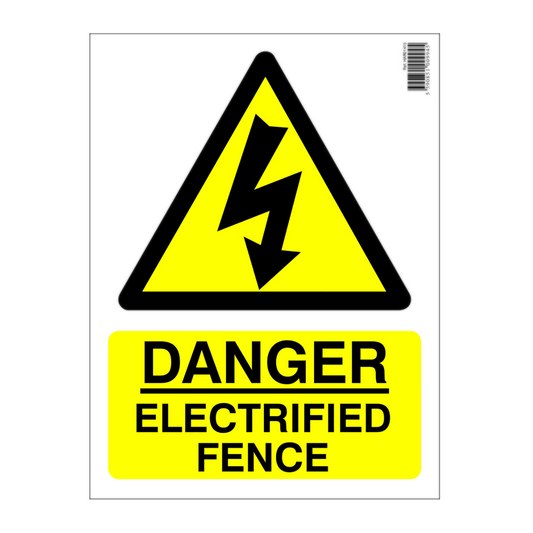 Warning sign indicating danger of electrified fence with yellow background and black text.