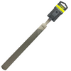 A steel file with a textured gray abrasive surface, attached to a black and yellow Stanley retail header card, shown on a plain white background.