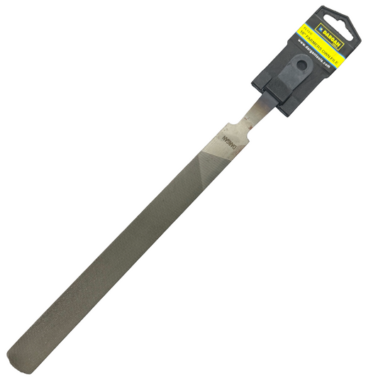 A steel file with a textured gray abrasive surface, attached to a black and yellow Stanley retail header card, shown on a plain white background.