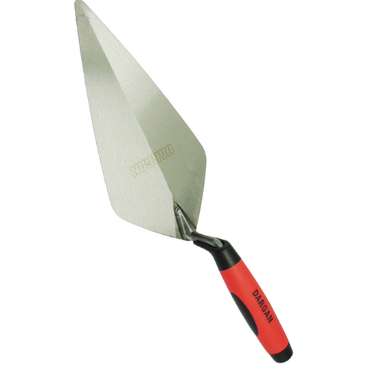 Dargan 11" brick trowel with black and white soft grip handle and silver metal face on white image